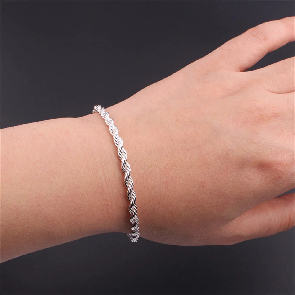 925 Sterling Silver Twisted Rope Bracelet 3mm Thick Chain Link UK