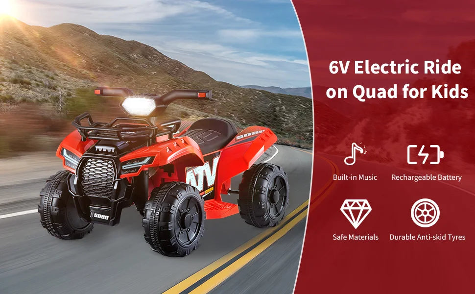Electric Quad Bike for Kids Gifts 6V Battery Electric Ride on Car Children 18-36 Months Riding Toy Car with Music, USB, Light