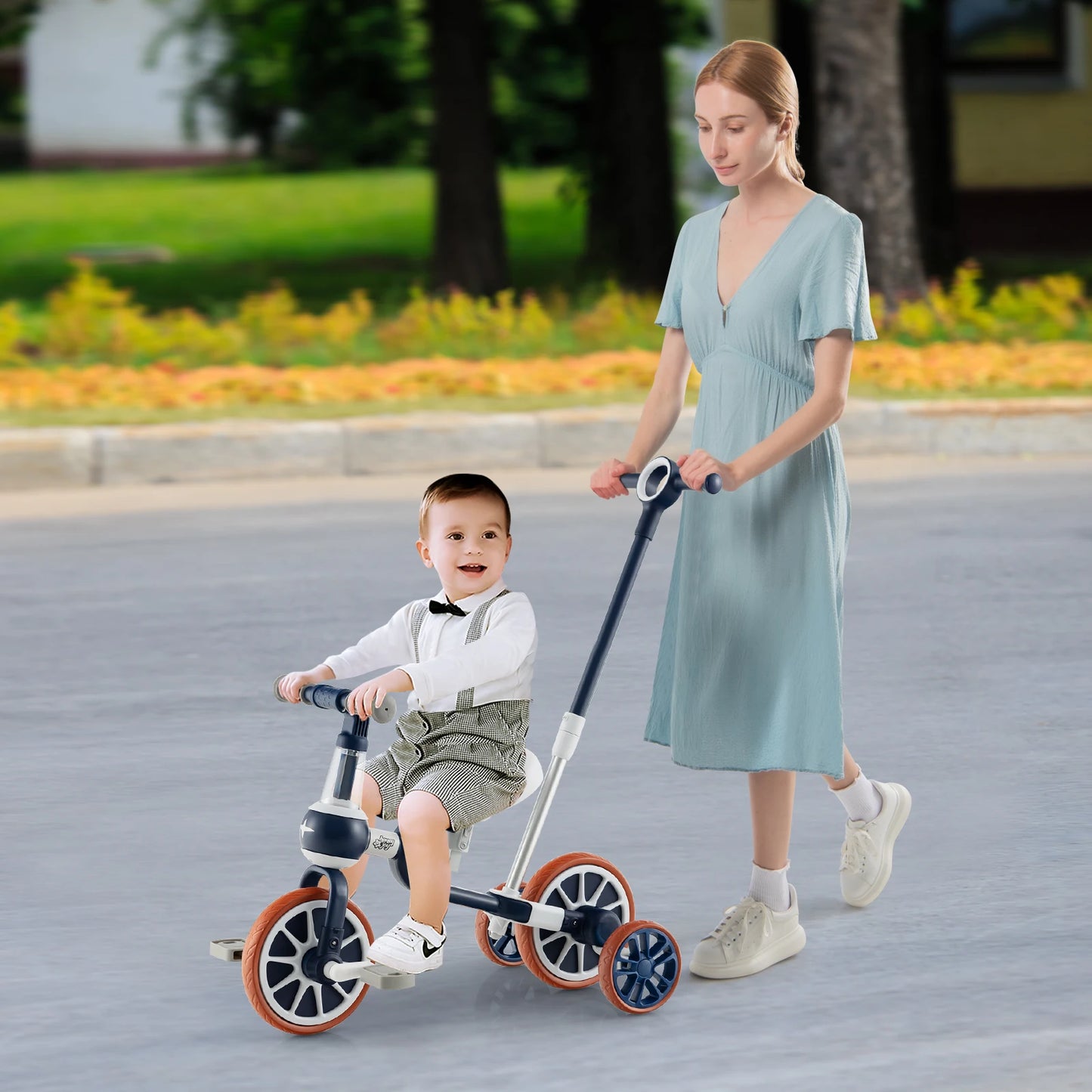 DORTALA 4 in 1 Kids Tricycle Toddler Balance Bike Adjustable Parent Push Handle 4 wheels Blue
