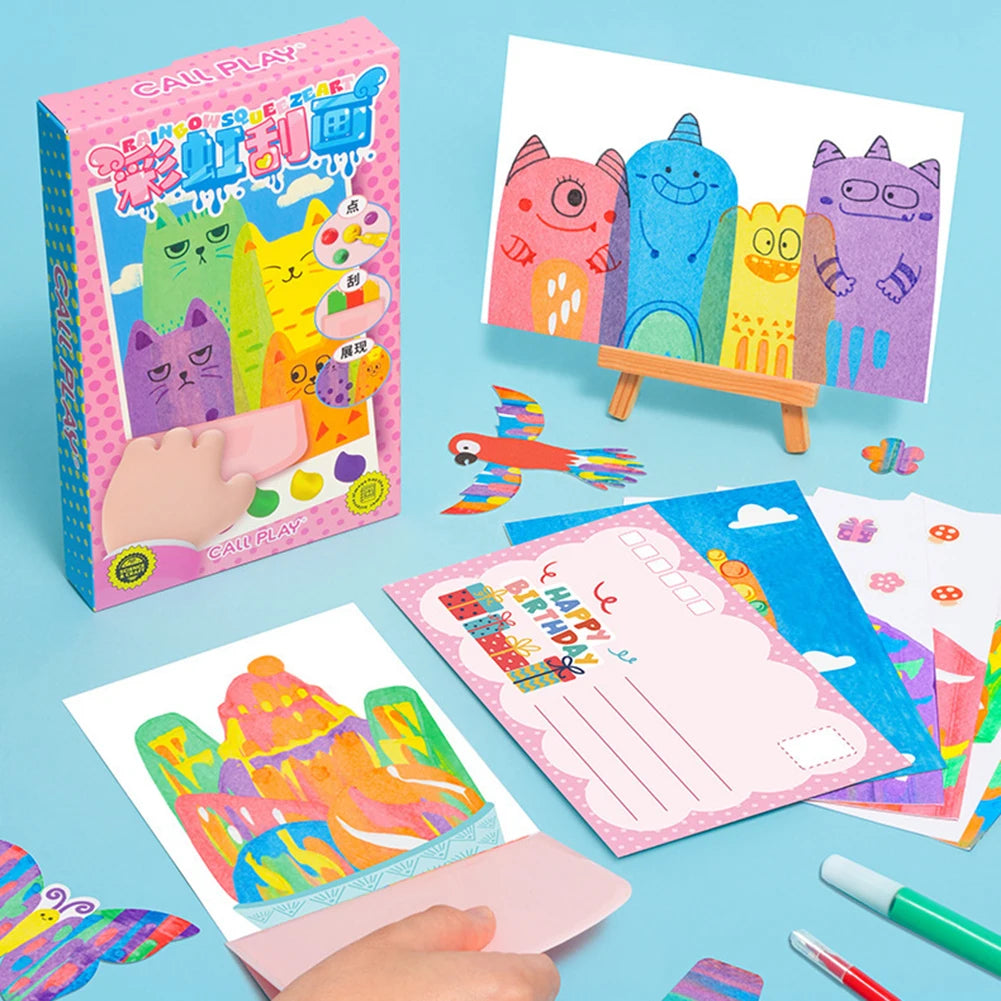 Squeegee Art Kids Paint Kit Childrens Painting Crafts Creativity Set DIY Rainbow Scratch Art Boys Girls Birthday Christmas Gifts