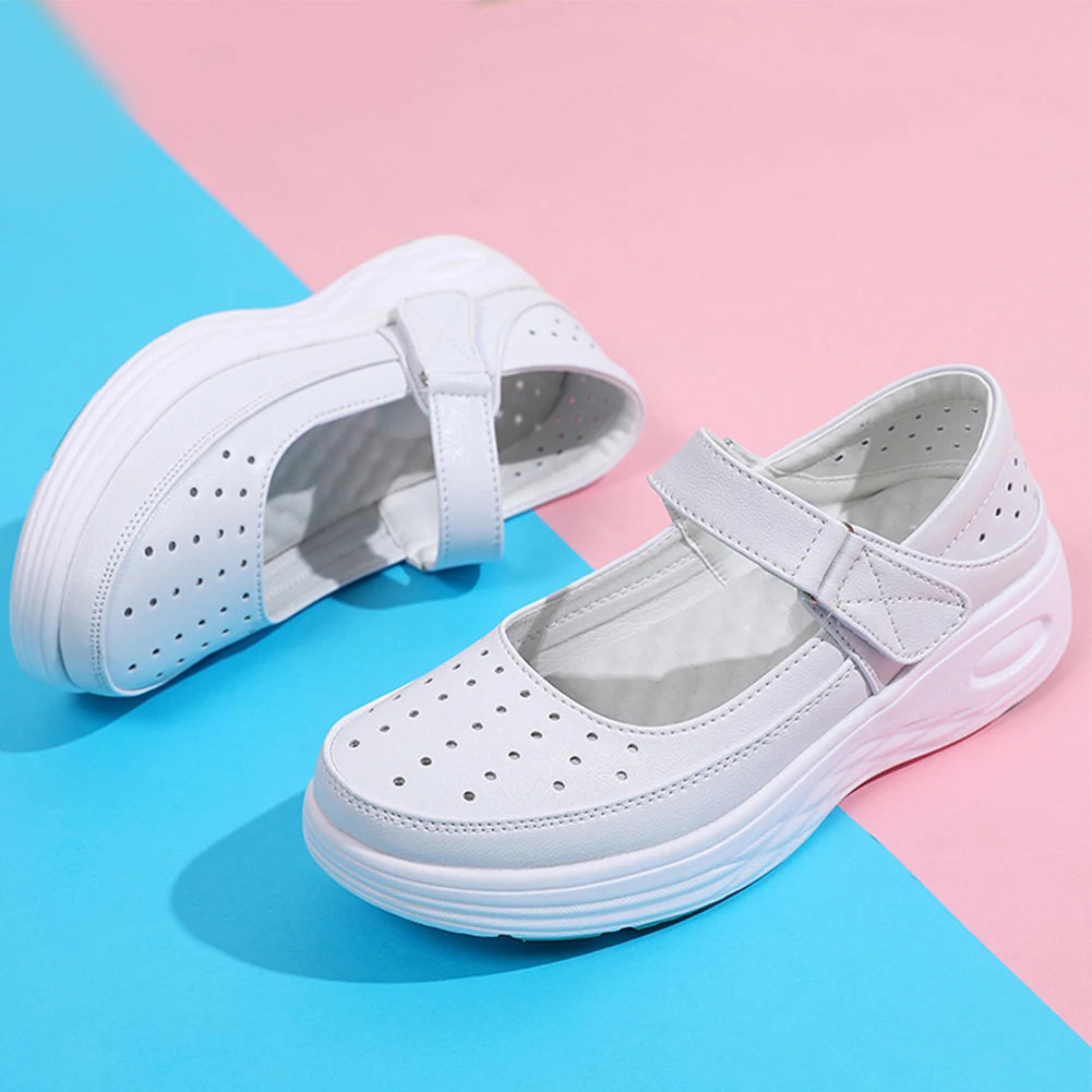Leather Air Cushion Nurse Shoes Soft-Soled Women Ladies Thick Soled Shoes Breathable Work White Shoes Non-Slip Walking Sneaker