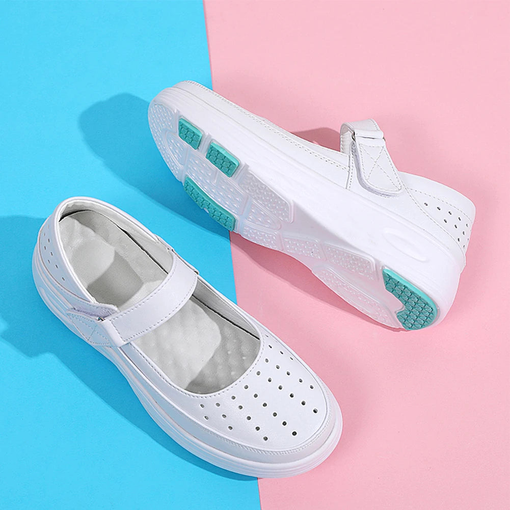 Leather Air Cushion Nurse Shoes Soft-Soled Women Ladies Thick Soled Shoes Breathable Work White Shoes Non-Slip Walking Sneaker