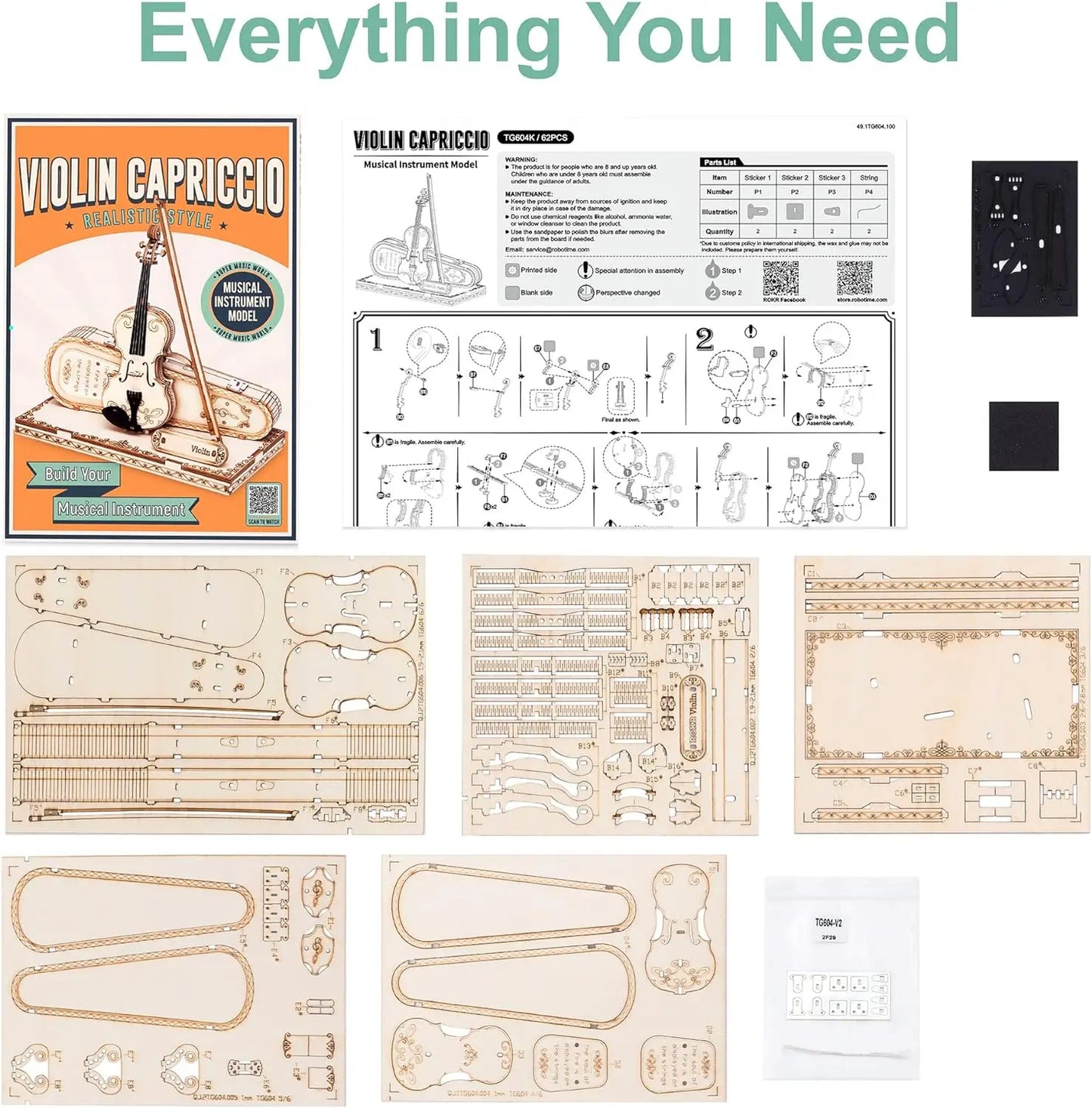Robotime ROKR 3D Wooden Puzzle Violin Capriccio Model DIY Gifts for Boys&Girls Easy Assembly Kits MusicalBuilding Blocks TG604K