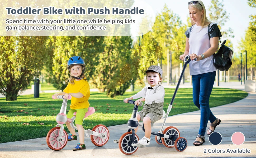 DORTALA 4 in 1 Kids Tricycle Toddler Balance Bike Adjustable Parent Push Handle 4 wheels Blue