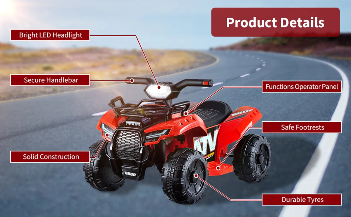 Electric Quad Bike for Kids Gifts 6V Battery Electric Ride on Car Children 18-36 Months Riding Toy Car with Music, USB, Light