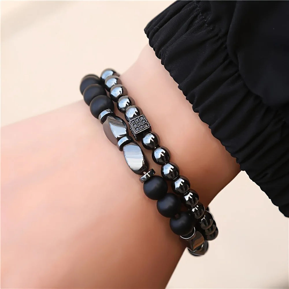 2-piece set for men and women black beaded stone ilmenite bracelets bracelet cuffs birthday Christmas holiday gifts for friends