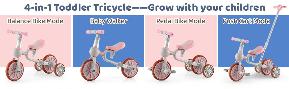 DORTALA 4 in 1 Kids Tricycle Toddler Balance Bike Adjustable Parent Push Handle 4 wheels Blue