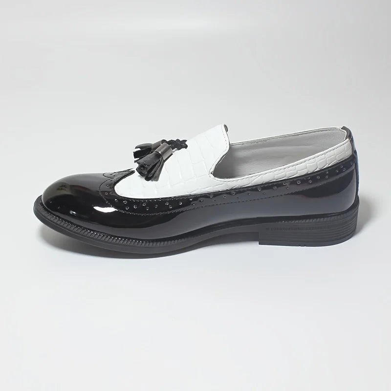 Casual Stitching Loafers, Low Heel Slip-on Tassel Formal Dress Shoes For Party Performance
