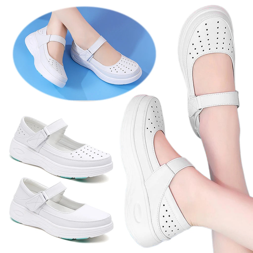 Leather Air Cushion Nurse Shoes Women Thick Soled Shoes Soft-Soled Work White Shoes Breathable Non-Slip Medical Shoes