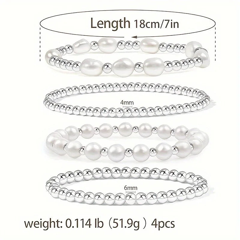 4 Piece Set Women Beaded Bracelet Elegant Pearl Stackable Stretch Beaded Ball Bracelet Jewelry Gift