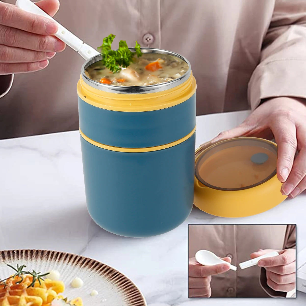 710ML Insulated Food Container Stainless Steel Vaccum Cup Soup Lunch Box with Foldable Spoon Thermo Keep Hot for School Child