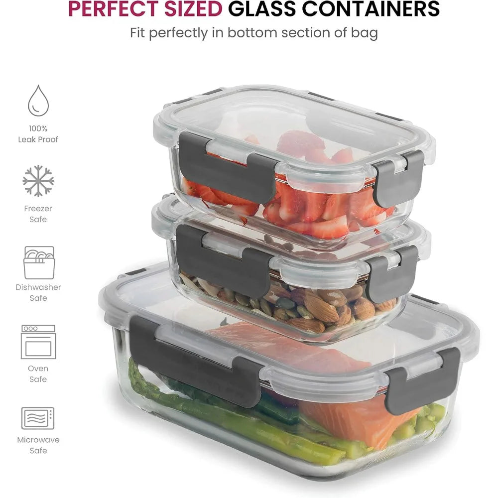 Lunch Bag with Glass Containers Insulated Lunch Box for Women and Men Leakproof Locking Lids & Ice Pack 2 Compartment