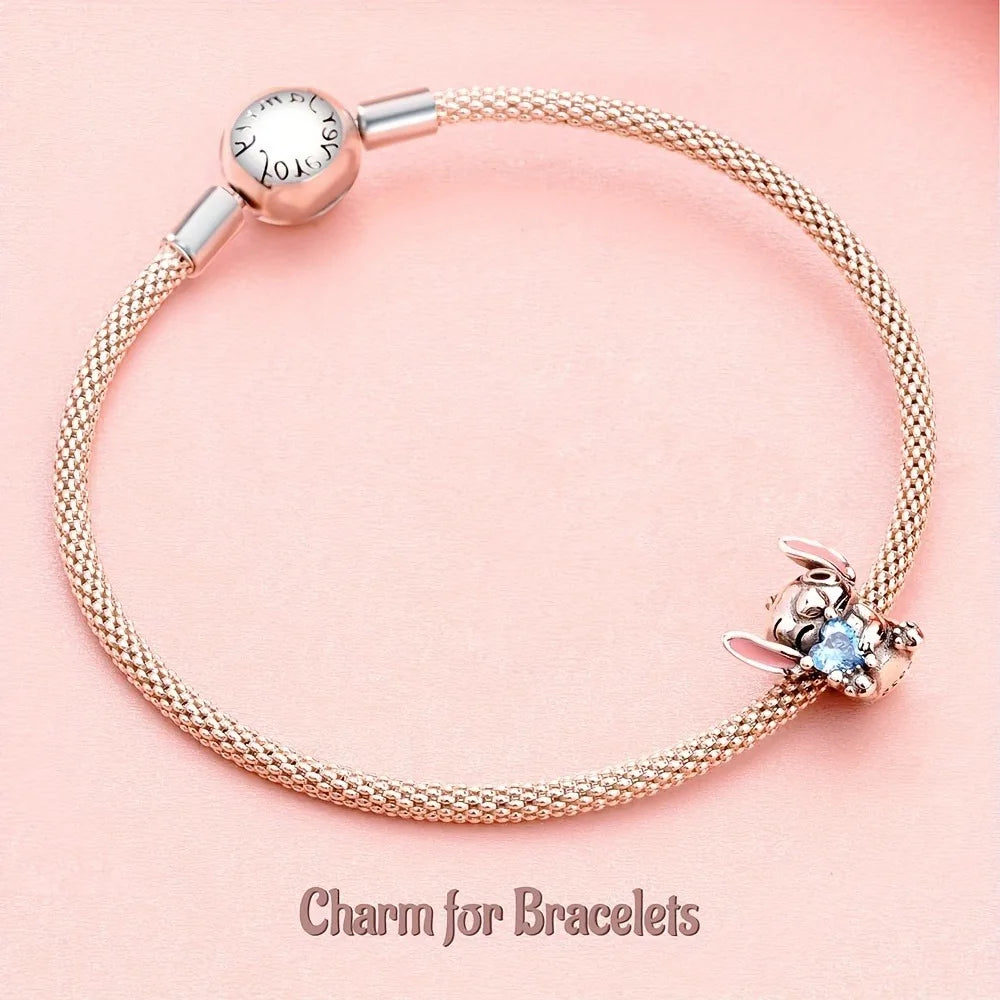925 Sterling Silver Women Authentic 925 Sterling Silver Alien Dog Blue Heart Pendant Bracelet & Necklace Women Holiday DIY Gift