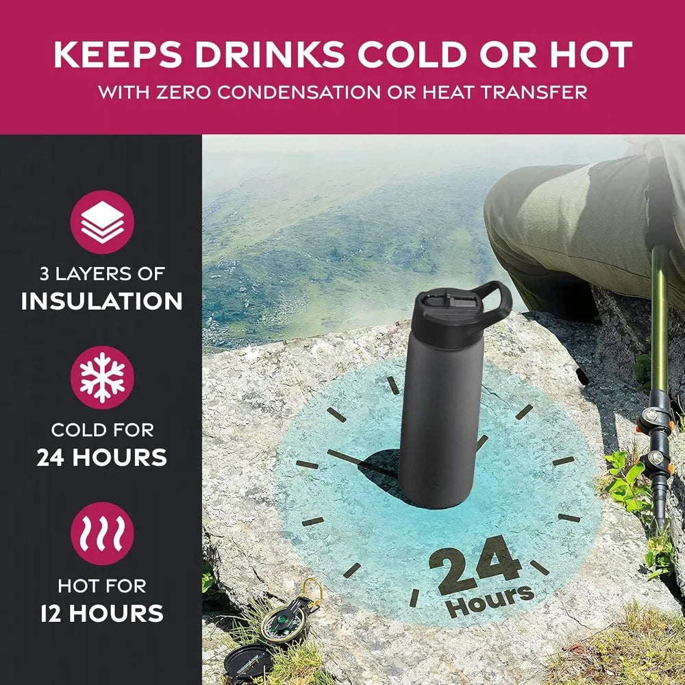 Triple Insulated Stainless Steel Water Bottle With Straw Lid Flip Top Lid Wide Mouth Cap 750 ML Keeps Hot and Cold Hiking Biking