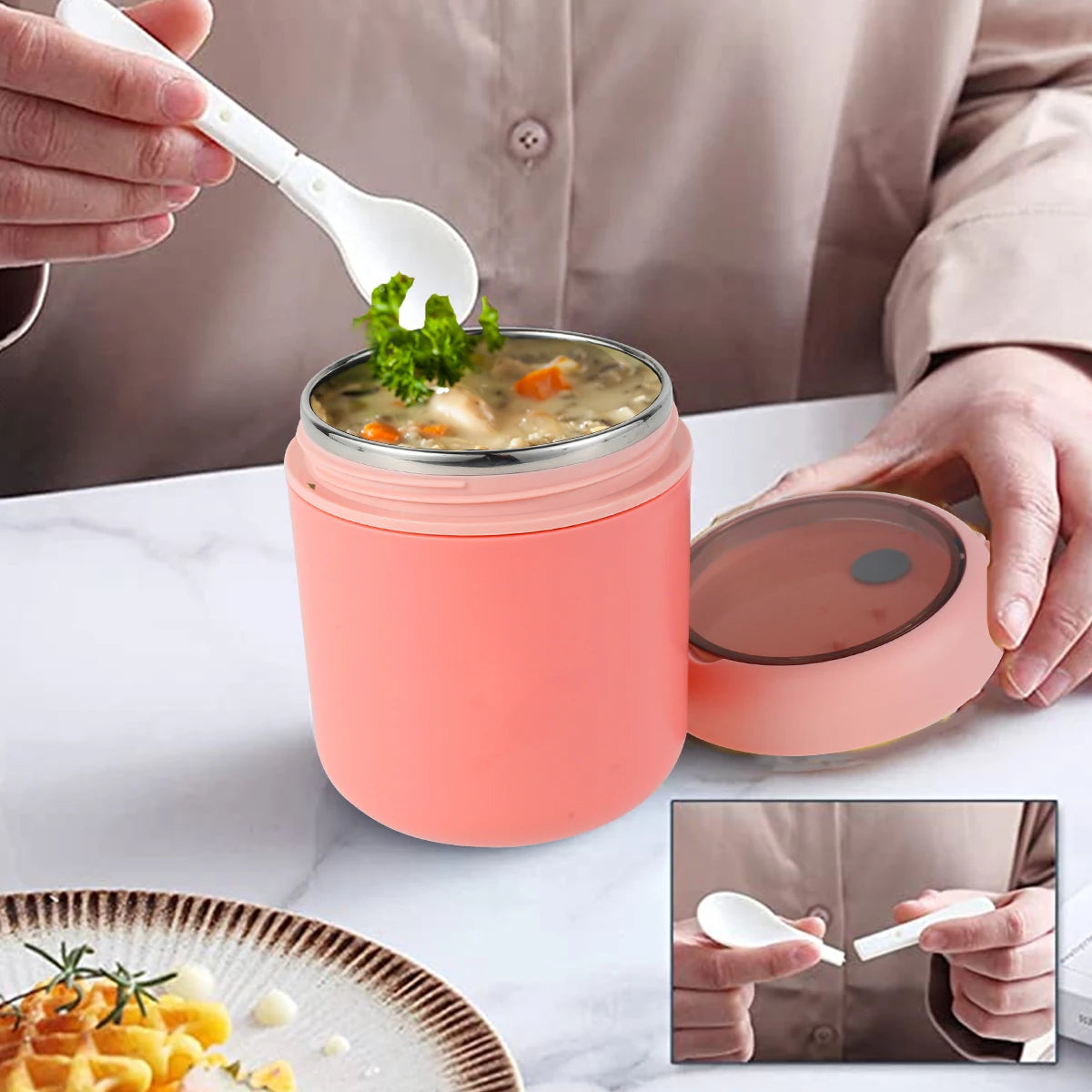 710ML Insulated Food Container Stainless Steel Vaccum Cup Soup Lunch Box with Foldable Spoon Thermo Keep Hot for School Child