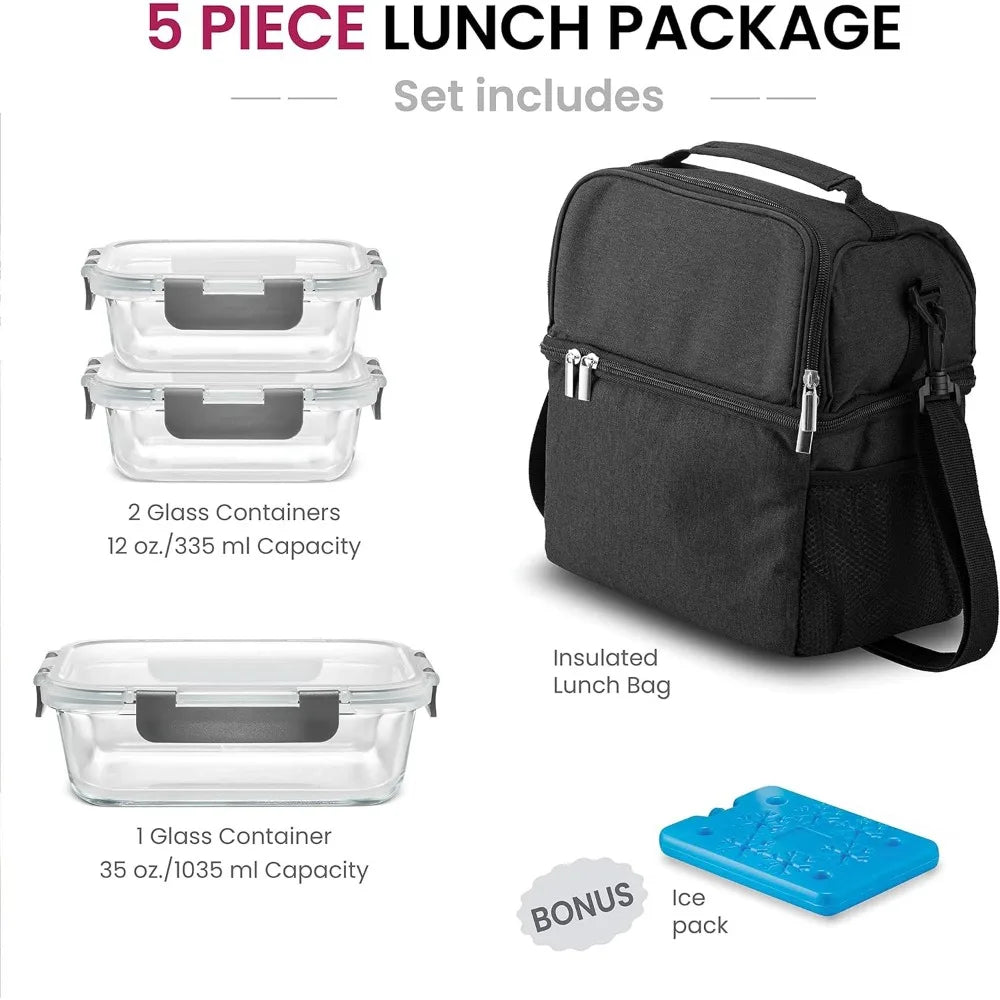 Lunch Bag with Glass Containers Insulated Lunch Box for Women and Men Leakproof Locking Lids & Ice Pack 2 Compartment