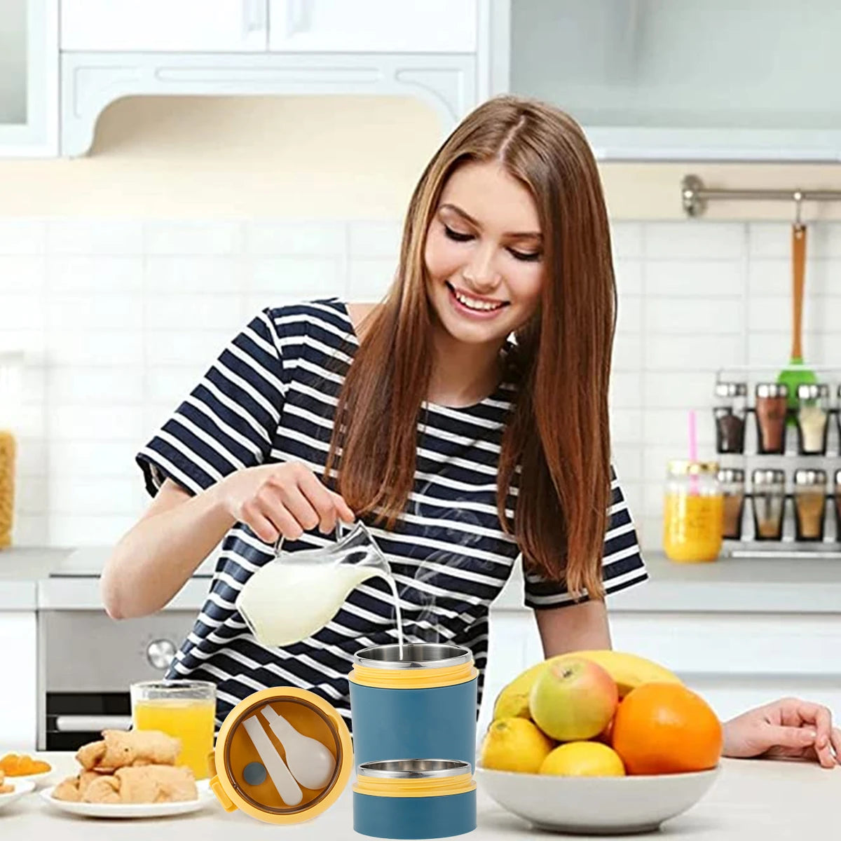 710ML Insulated Food Container Stainless Steel Vaccum Cup Soup Lunch Box with Foldable Spoon Thermo Keep Hot for School Child