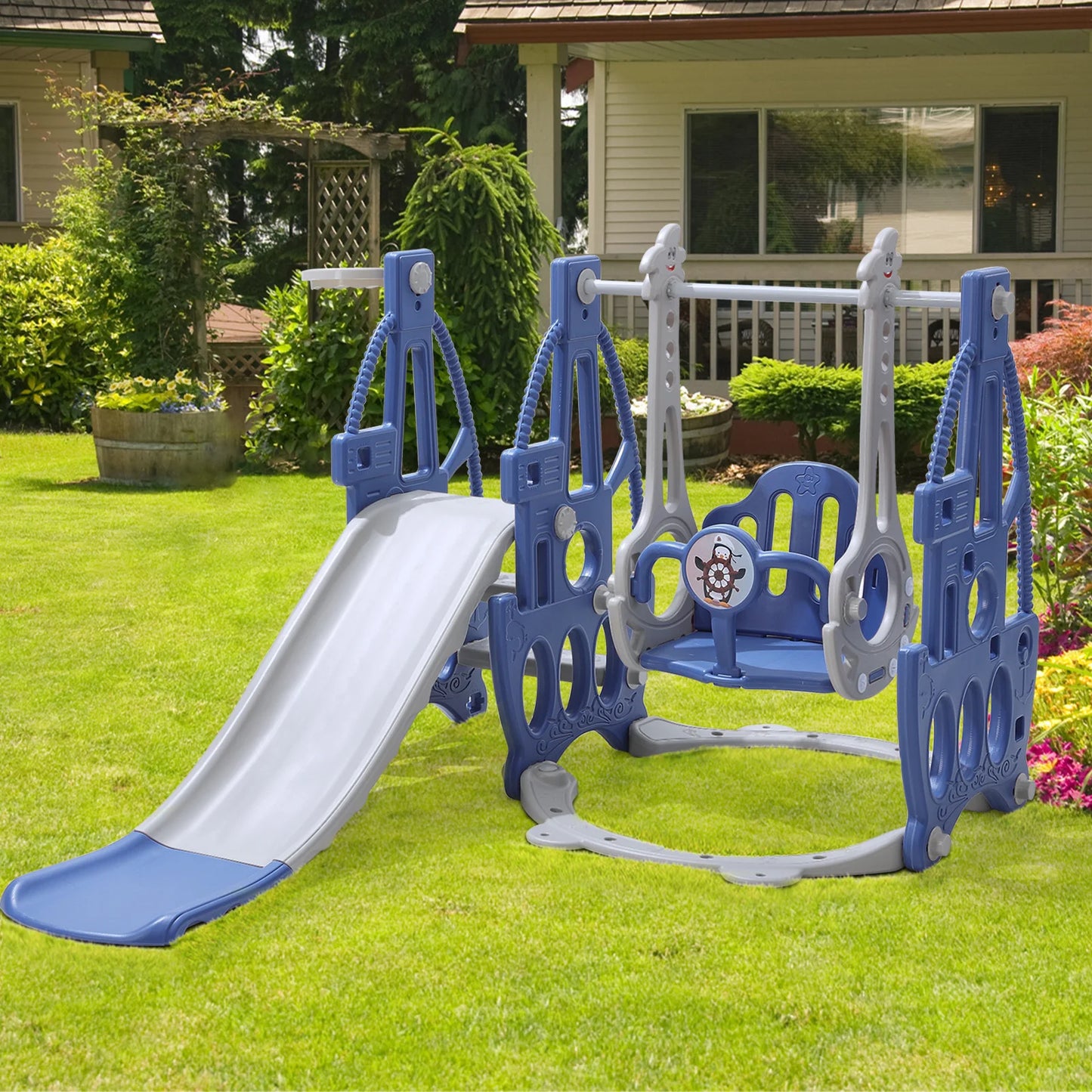 KIDkid 3 in 1 Kids Swing and Slide Set Toddler Climber Playset Garden Climbing Frame for Toddlers Age 3-6, Blue & Pink