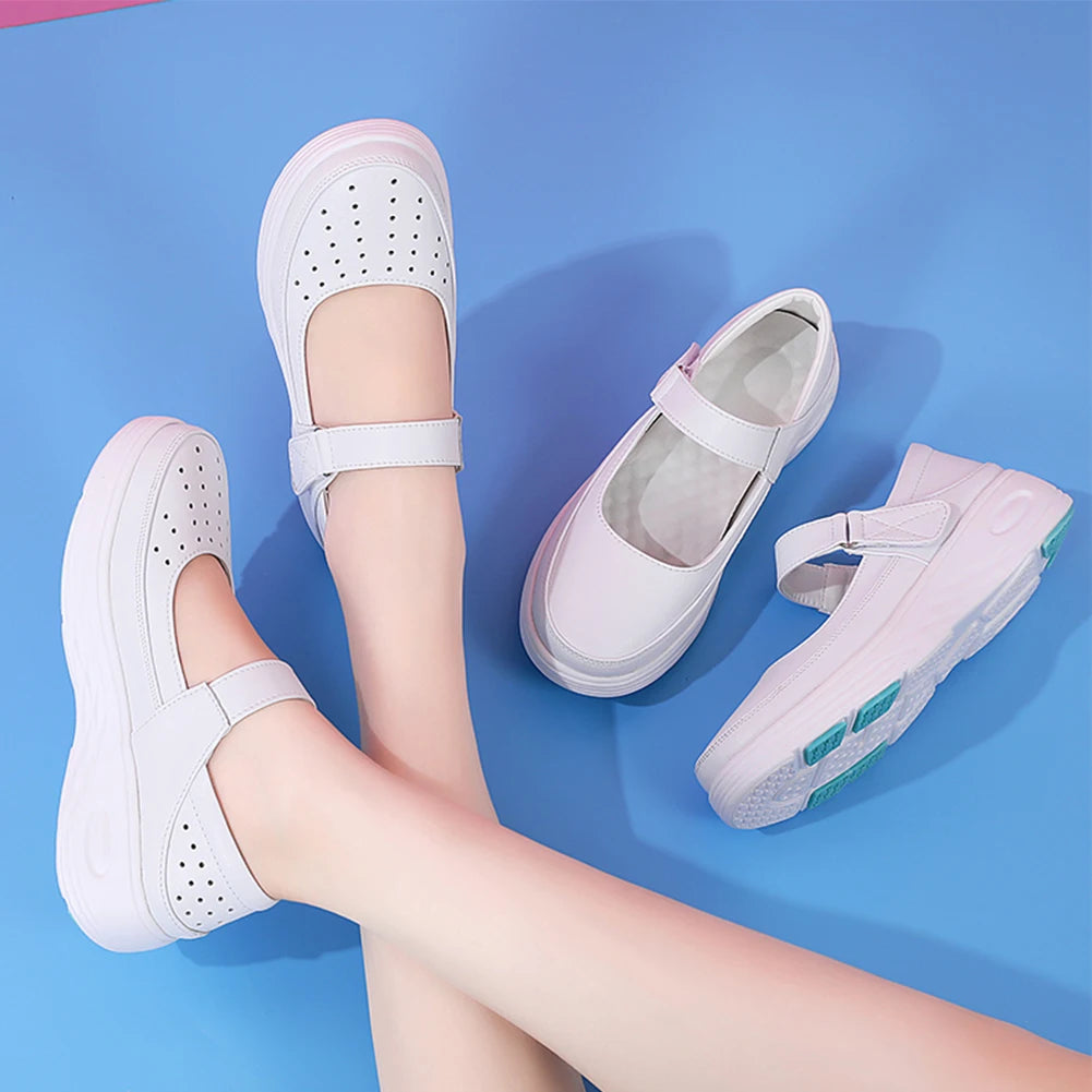 Leather Air Cushion Nurse Shoes Women Thick Soled Shoes Soft-Soled Work White Shoes Breathable Non-Slip Medical Shoes