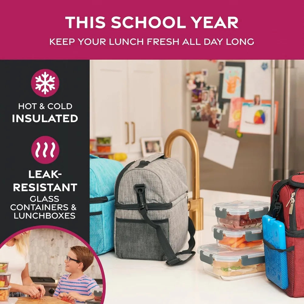 Lunch Bag with Glass Containers Insulated Lunch Box for Women and Men Leakproof Locking Lids & Ice Pack 2 Compartment