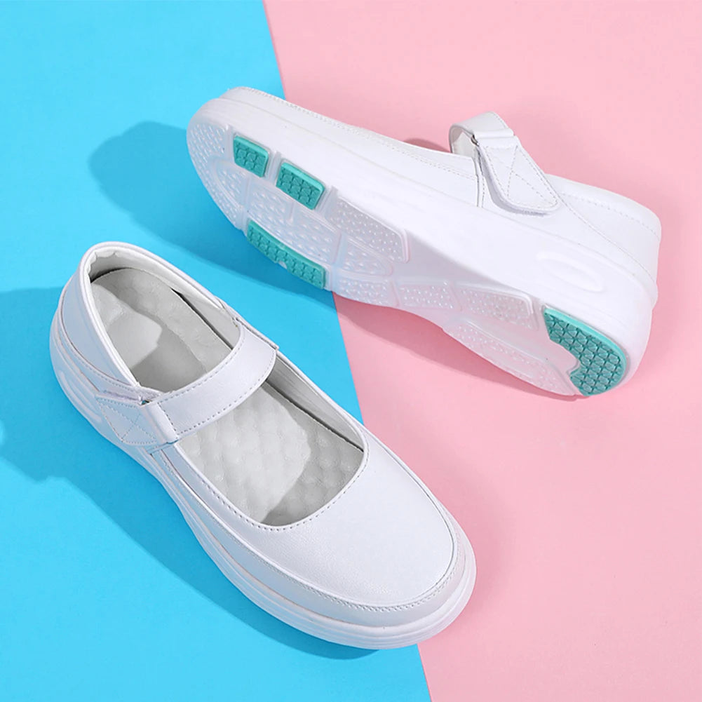 Leather Air Cushion Nurse Shoes Women Thick Soled Shoes Soft-Soled Work White Shoes Breathable Non-Slip Medical Shoes