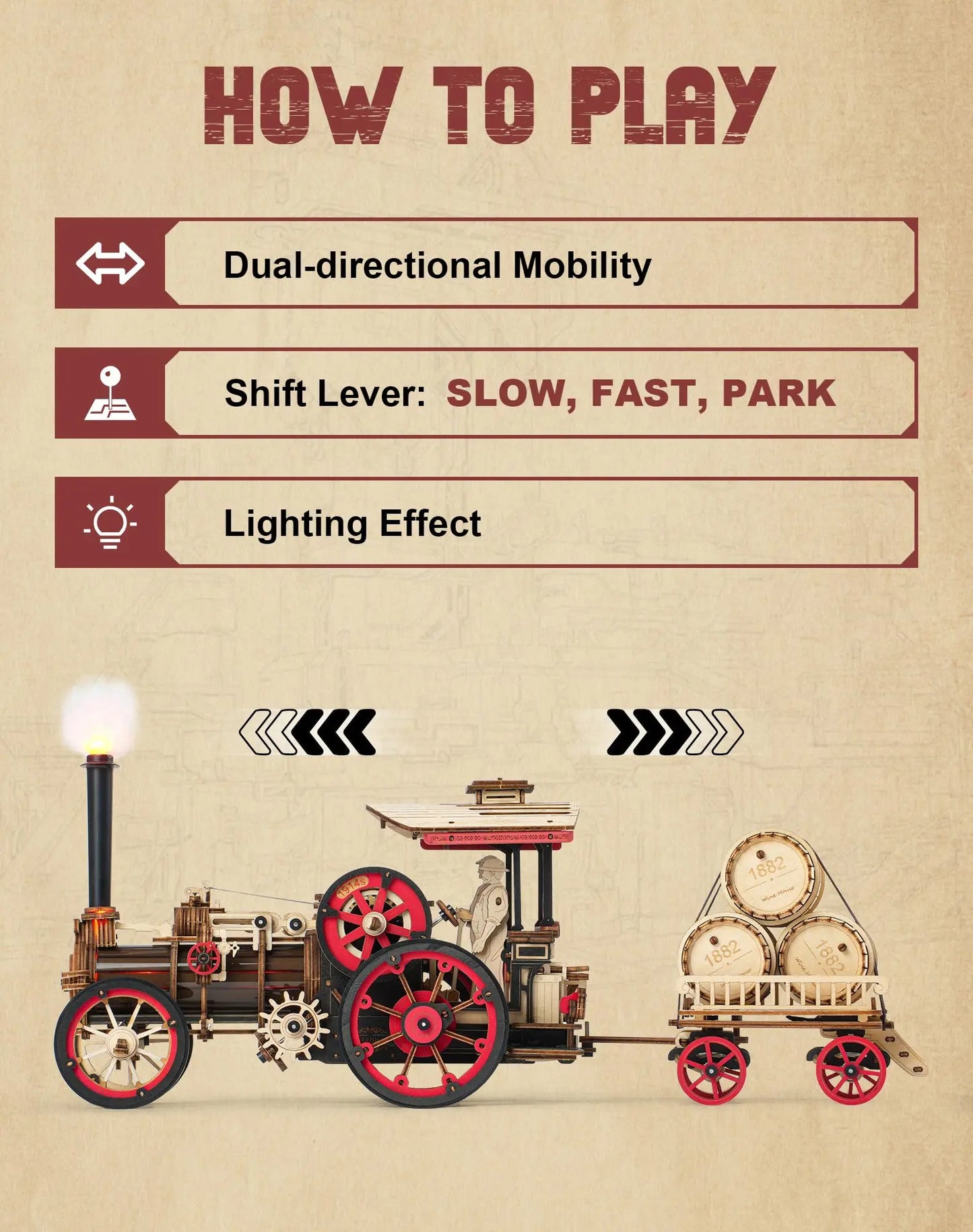 Robotime Rokr Tractor Locomotive Model 3D Wooden Puzzle for Adults Steam Engine Tractor Birthday Gifts for Boys Hobbies Toys
