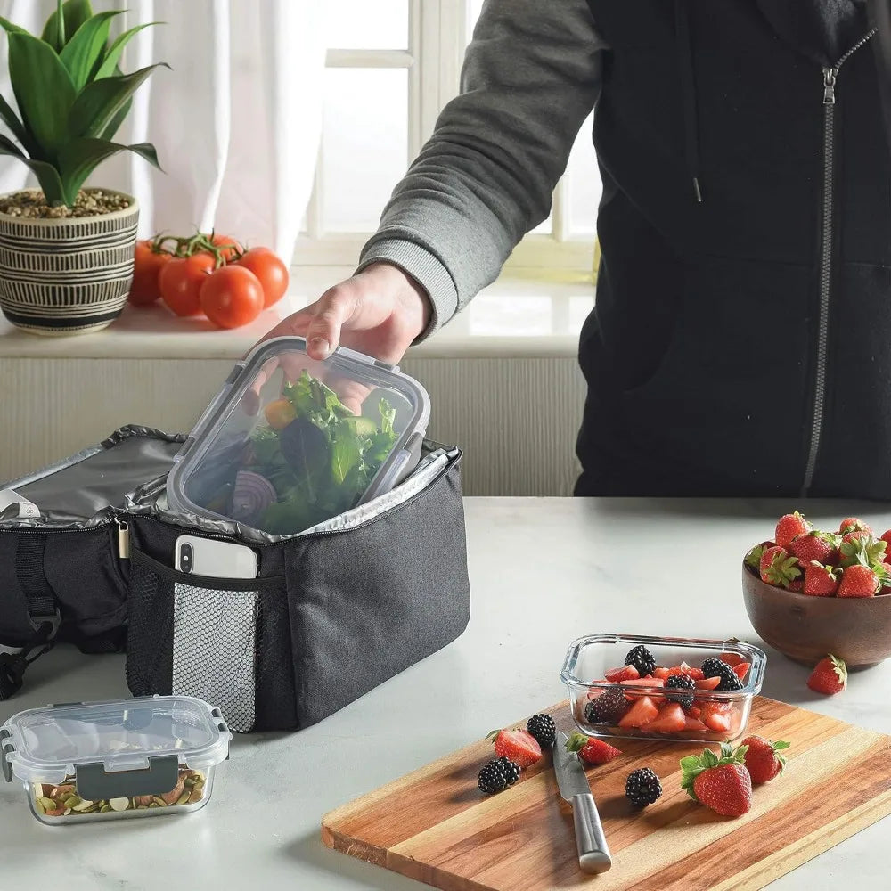 Lunch Bag with Glass Containers Insulated Lunch Box for Women and Men Leakproof Locking Lids & Ice Pack 2 Compartment