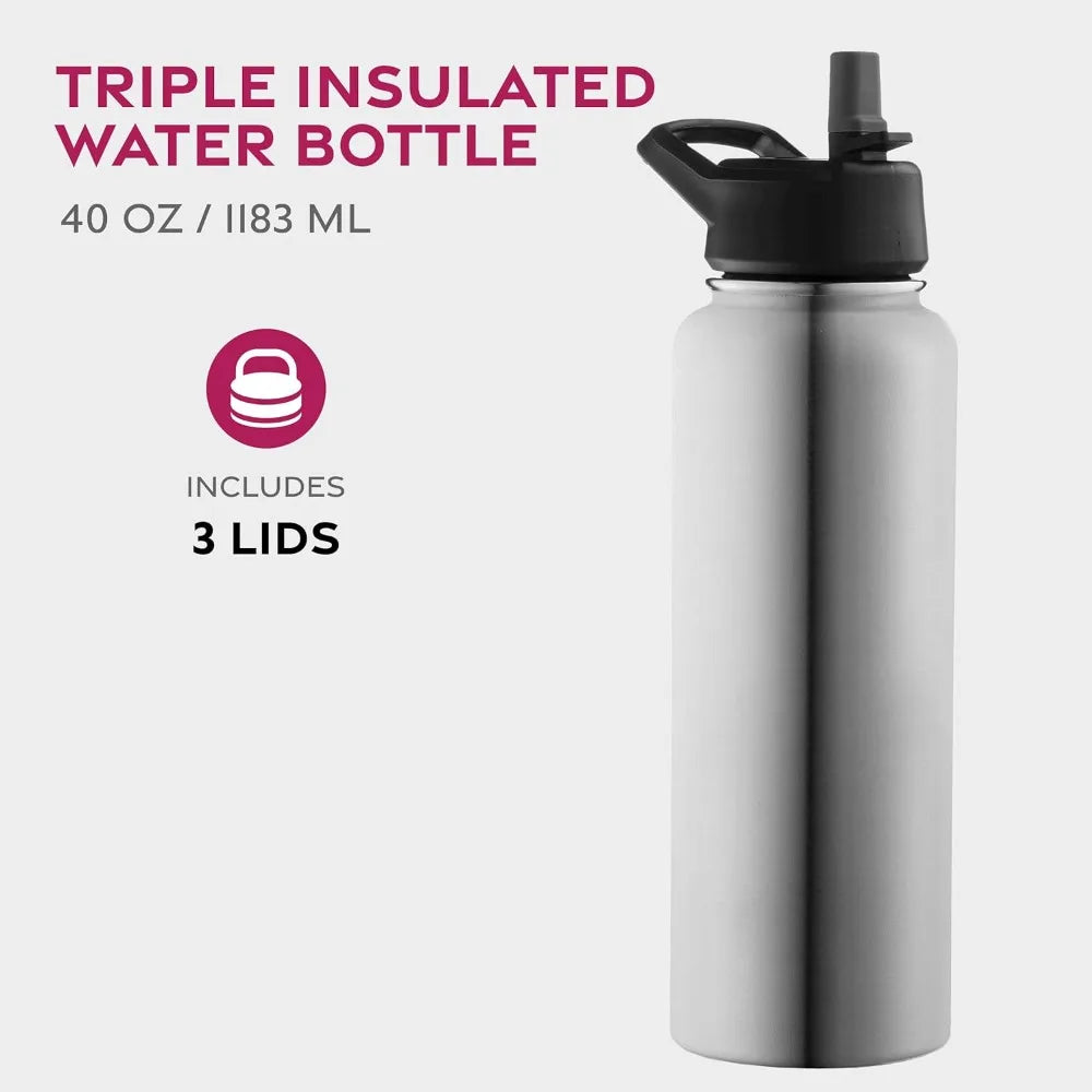 Triple-Insulated Stainless Steel Water Bottle with Straw Lid Wide-Mouth Cap (40 oz) Insulated Water Bottles Keeps Hot and Cold