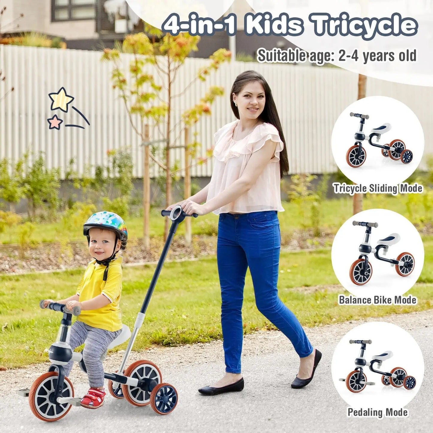 DORTALA 4 in 1 Kids Tricycle Toddler Balance Bike Adjustable Parent Push Handle 4 wheels Blue
