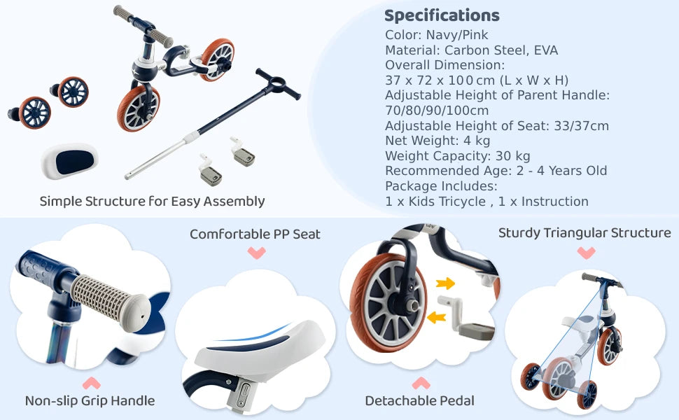 DORTALA 4 in 1 Kids Tricycle Toddler Balance Bike Adjustable Parent Push Handle 4 wheels Blue