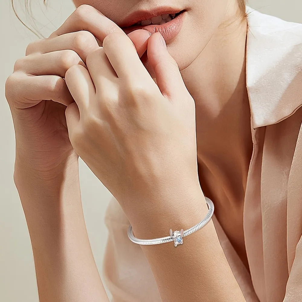 925 Sterling Silver Women Authentic 925 Sterling Silver Alien Dog Blue Heart Pendant Bracelet & Necklace Women Holiday DIY Gift