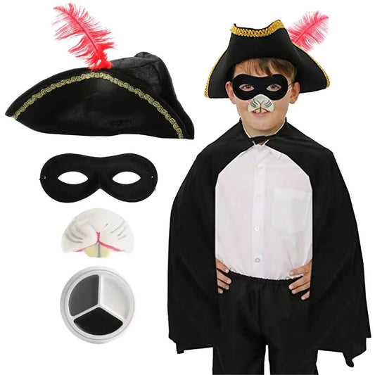 Childs Highway Rat Costume - Black Cape, Black Tricorn Hat, Rabbit Nose, Black Eye Mask, Facepaint - Kids World Book Day