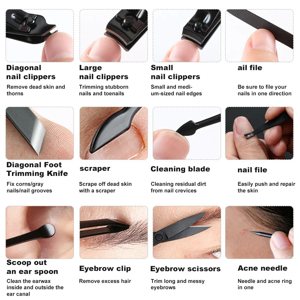 16Pcs Professional Manicure Set Pedicure Set Stainless Steel Nail Cutters Tools Portable with Leather Case for Men Women