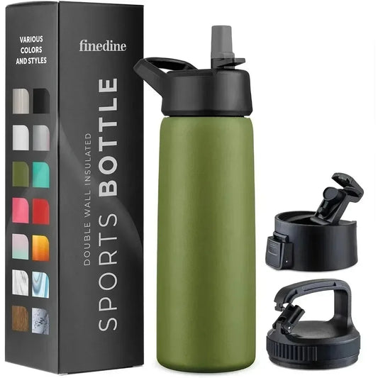 Triple Walled Insulated Water Bottles with Straw  25 Oz Stainless Steel Metal Bottle  Leak Proof Lids  Army Green