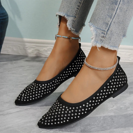 Women PU Leather Ballet Flats Rhinestone Flats Shoes Pointed Toe Wedding Ballerina Shoes Sparkly Slip on Dress Shoes