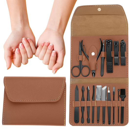 16Pcs Professional Manicure Set Pedicure Set Stainless Steel Nail Cutters Tools Portable with Leather Case for Men Women