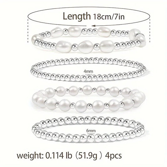 4 Piece Set Women Beaded Bracelet Elegant Pearl Stackable Stretch Beaded Ball Bracelet Jewelry Gift