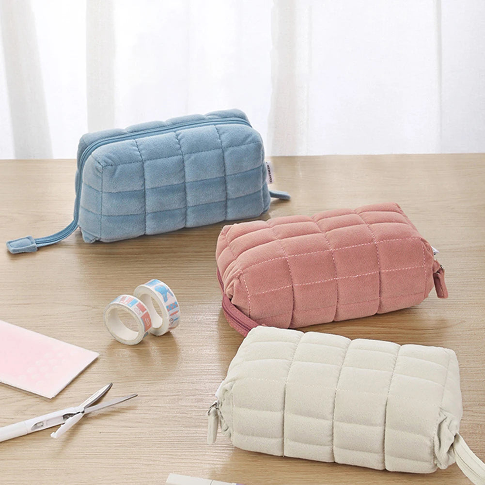 Kawaii Pencil Case Quilted Makeup Bag Cotton Pillow Shape Cosmetic Bag for Girls Students School Pen Pouch Supplies Stationery