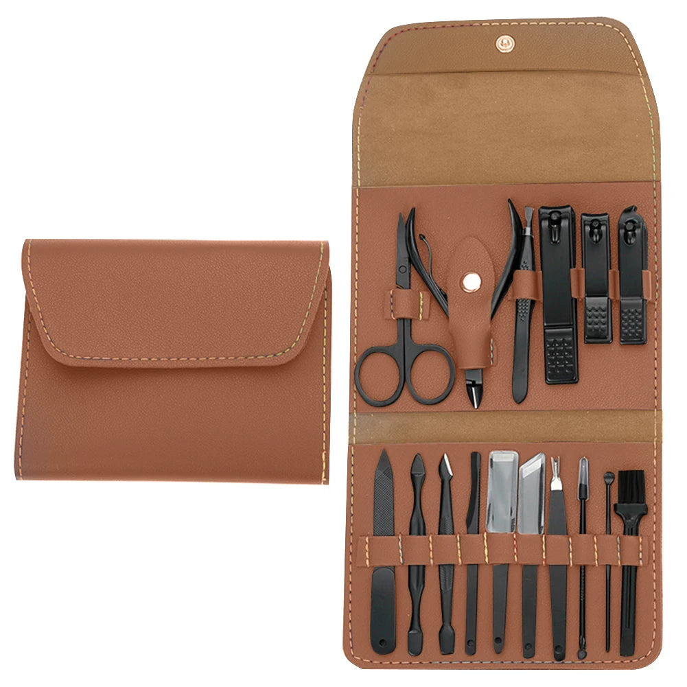 16Pcs Professional Manicure Set Pedicure Set Stainless Steel Nail Cutters Tools Portable with Leather Case for Men Women