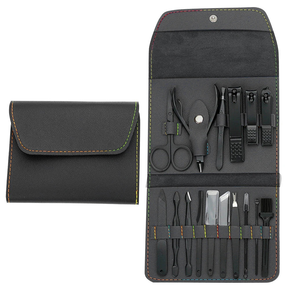 16Pcs Professional Manicure Set Pedicure Set Stainless Steel Nail Cutters Tools Portable with Leather Case for Men Women