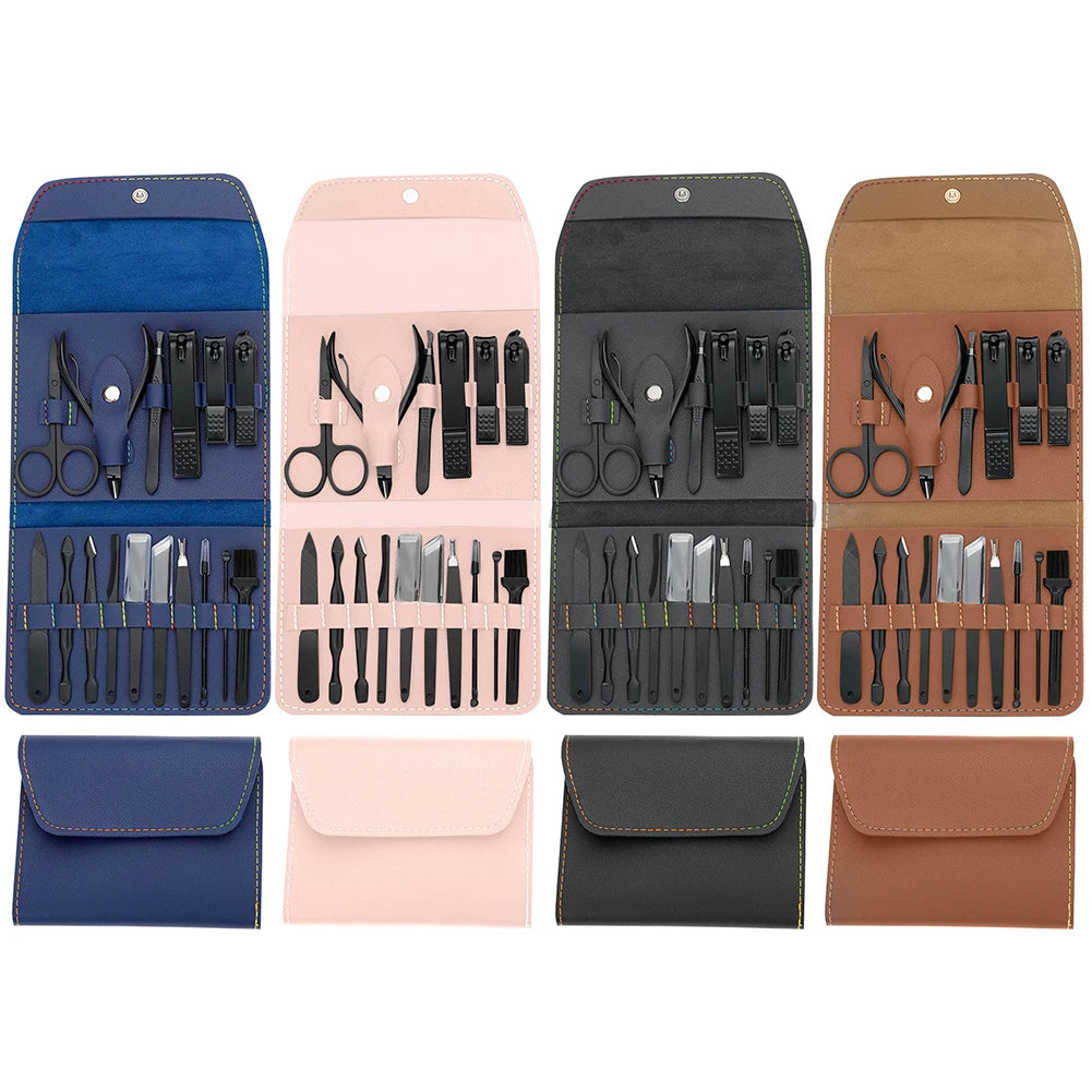 16Pcs Professional Manicure Set Pedicure Set Stainless Steel Nail Cutters Tools Portable with Leather Case for Men Women