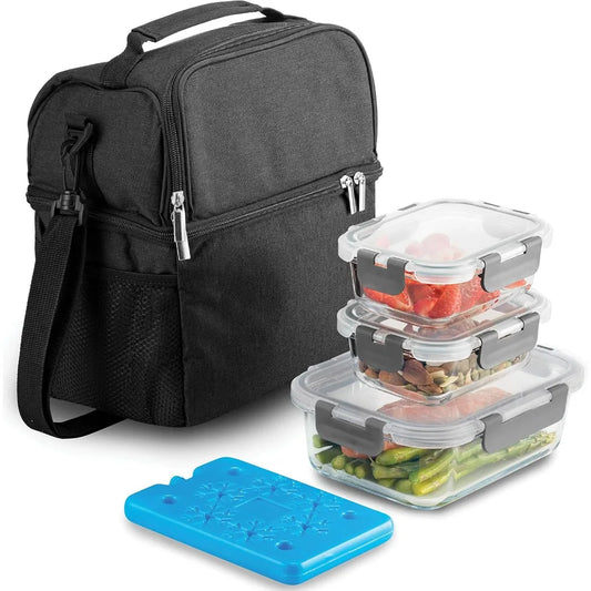 Lunch Bag with Glass Containers Insulated Lunch Box for Women and Men Leakproof Locking Lids & Ice Pack 2 Compartment