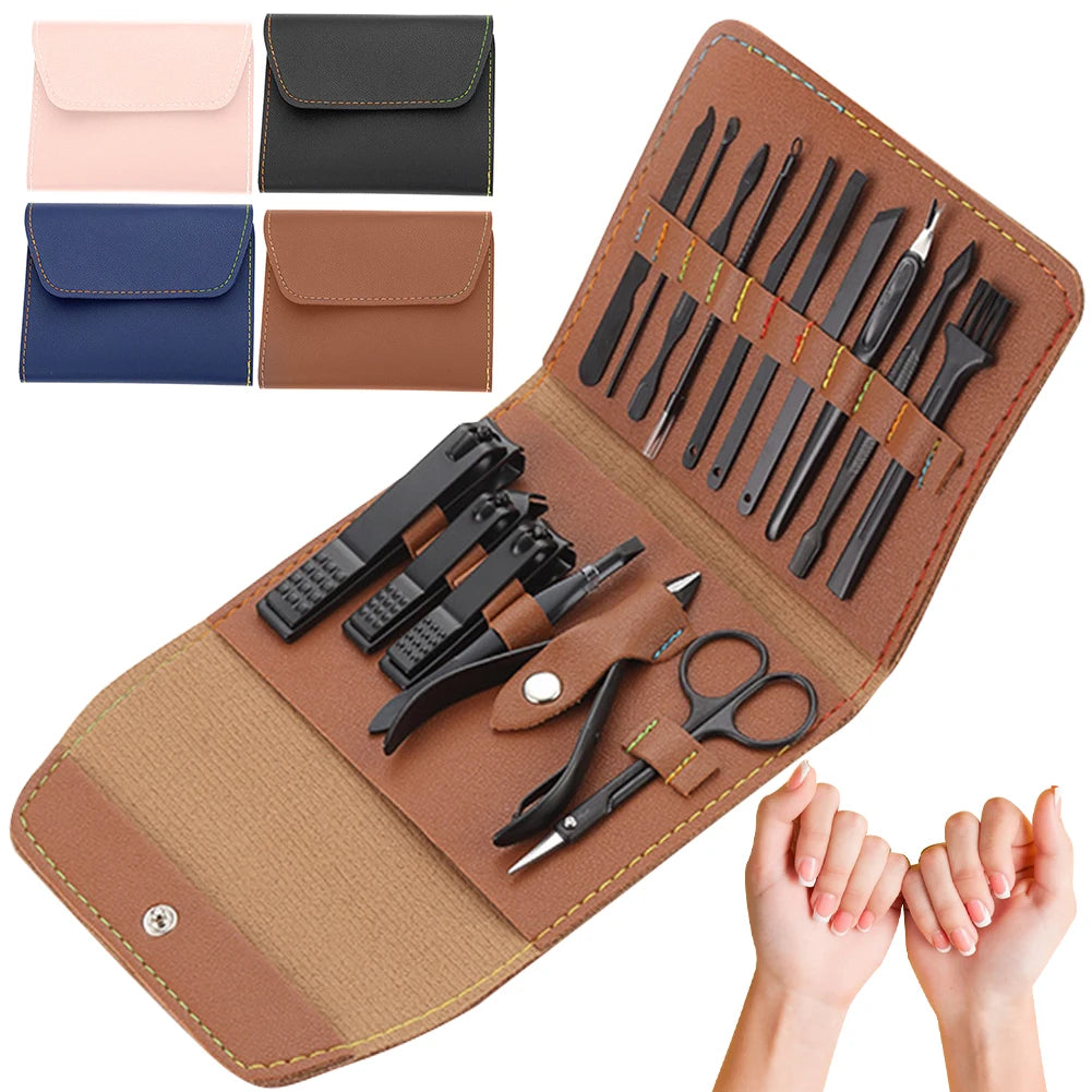 16Pcs Professional Manicure Set Pedicure Set Stainless Steel Nail Cutters Tools Portable with Leather Case for Men Women